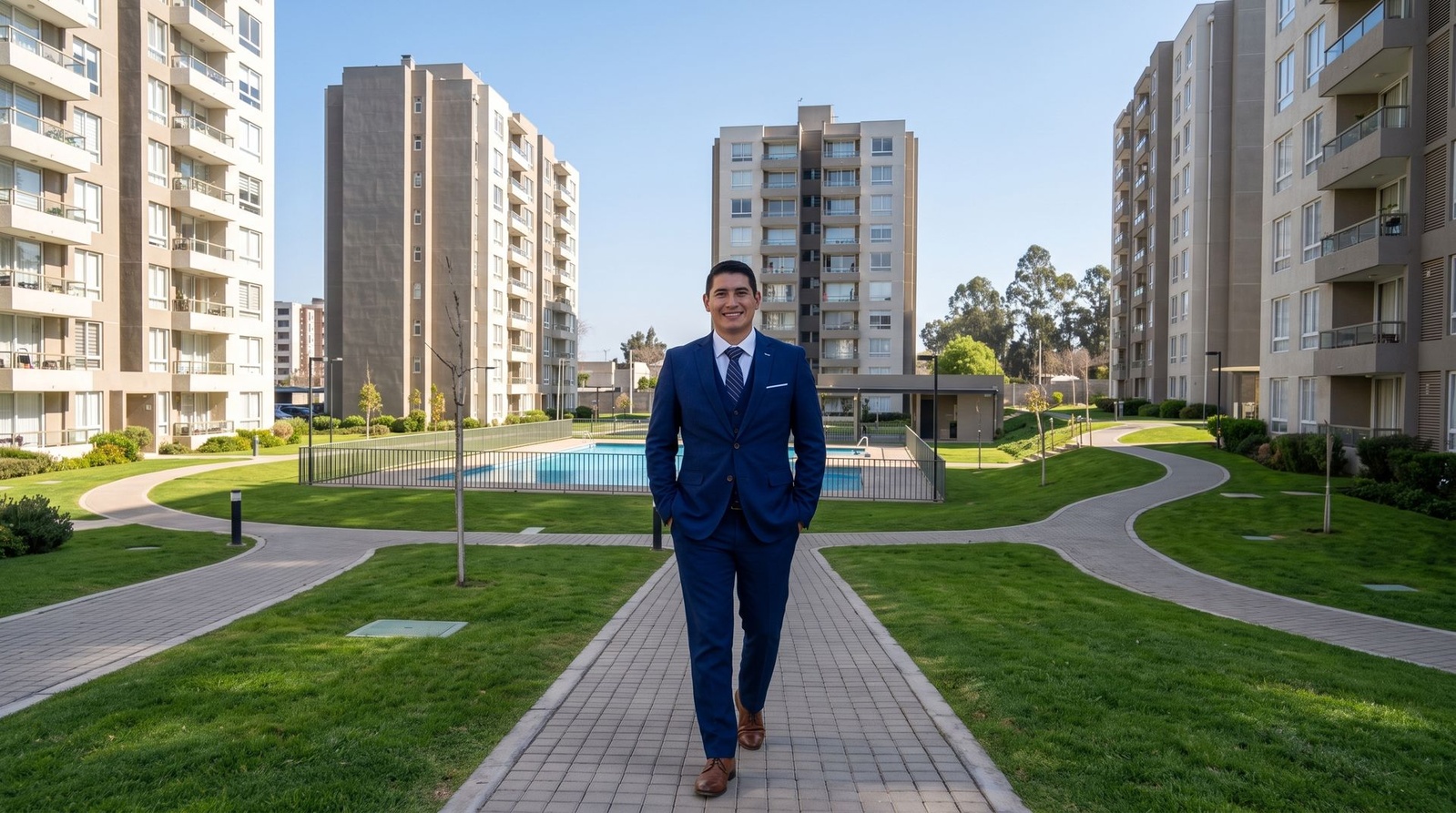 Asesor inmobiliario frente a un conjunto residencial