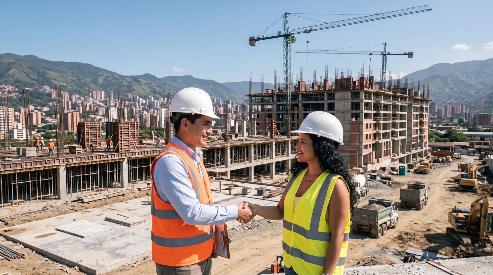 Maestro de obra revisa planos frente a una estructura en construcción