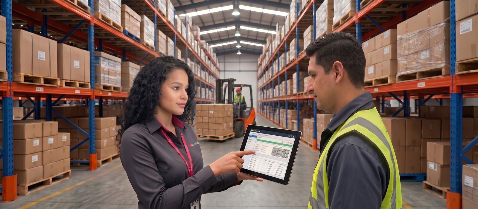 Equipo revisa inventario en bodega con una tablet